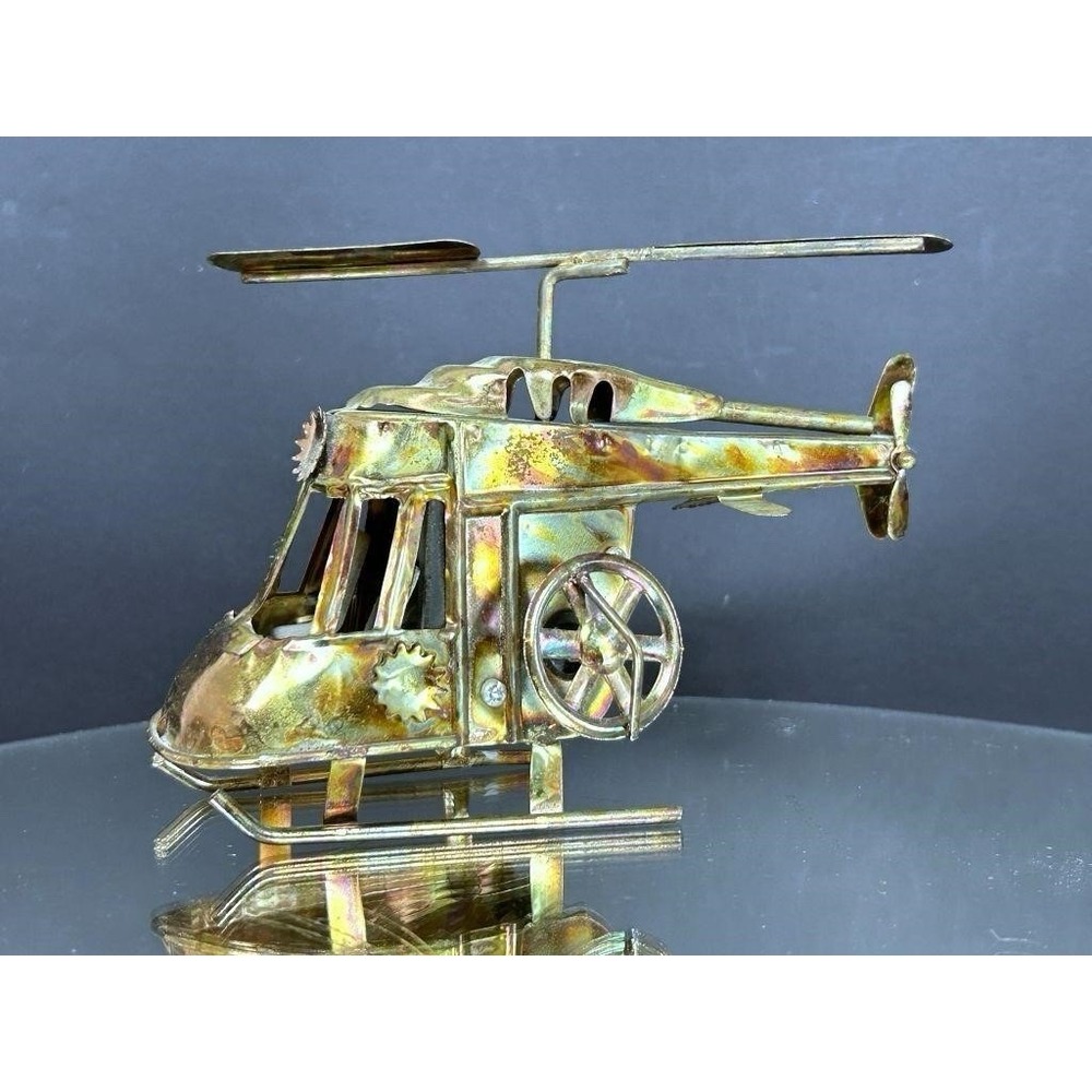 Copper Sculpture Helicopter Music Box Rustic Vintage Plays "Happy Days" B53